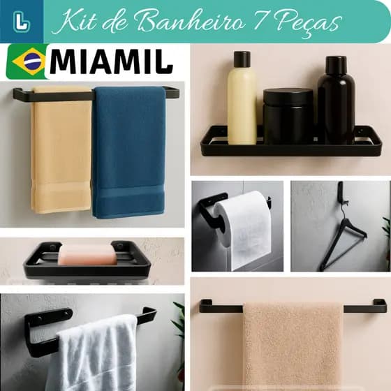 Kit de acessórios para banheiro 7 peças com suporte para toalha duplo Miamil