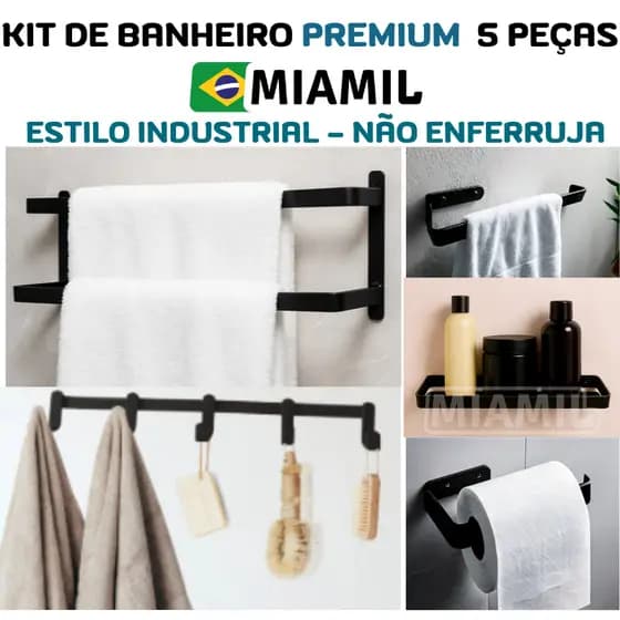 Kit de acessórios suporte para Banheiro preto 5 peças com Porta Toalha mais gancho de brinde Miamil