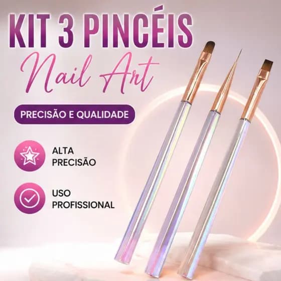 Kit 3 Pincéis Holográficos Alongamento e Nail Art