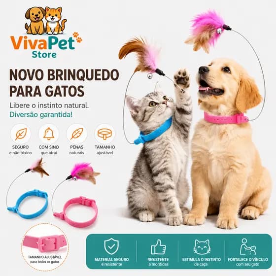 Brinquedo Interativo para Gatos com Pena e Sino | Coleira Ajustável Anti Tédio para Pets
