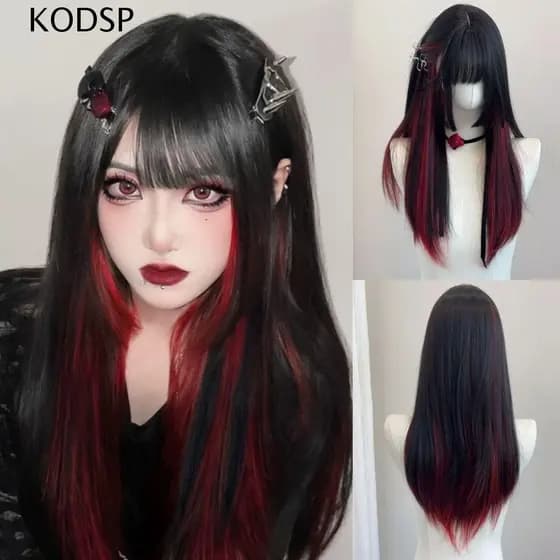 Perucas Gradientes Pretas E Vermelhas KODSP , Franja De Ar Destaca Cabelo Longo Reto , Cosplay De Halloween Lolita