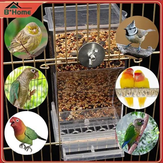 BHTH Alimentador Automático De Gaiola De Pássaros Sem Bagunça , Alimentadores De Sementes De Papagaio Transparentes Acrí