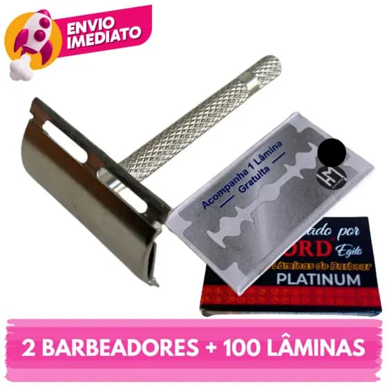 Kit Barbeador Metal Clássico Retrô Com Lâmina Para Barbear E Navalha Profissional Aço Inox