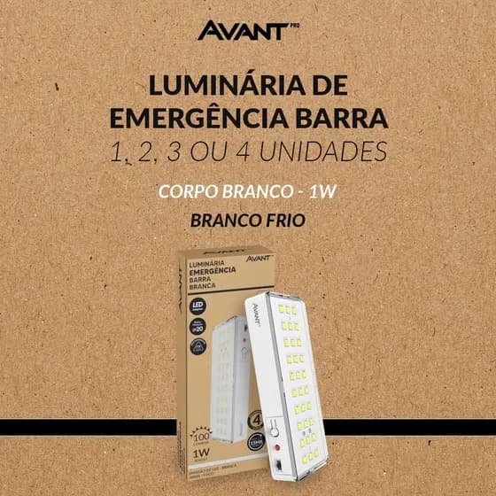 Kit 1, 2, 3 ou 4 Luminarias Led Emergencia Barra 1w 6000K Branco Avant
