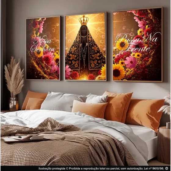 Kit 3 Quadros Decorativo Nossa Senhora Aparecida Religioso Sala Quarto Escritório