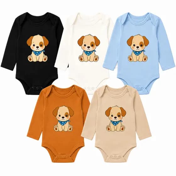 Kit 5 Body Bebê Manga Longa Cachorrinho 100% Algodão RN ao G Menino Menina Neutro Confortável Luxo