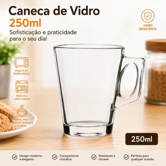 Caneca de Vidro 250ml com Alça – Kit com 3 Unidades | Resistente, Elegante e Ideal para Café, Chá e Cappuccino