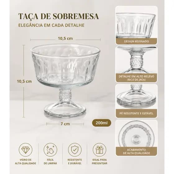 Jogo com 6 Taças de Sobremesa de Vidro 200ml | Taça para Sorvete, Mousse, Gelatina e Doces