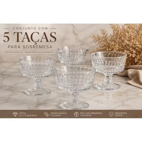 Kit 5 Taças de Vidro para Sobremesa Luxo Mesa Posta Elegante
