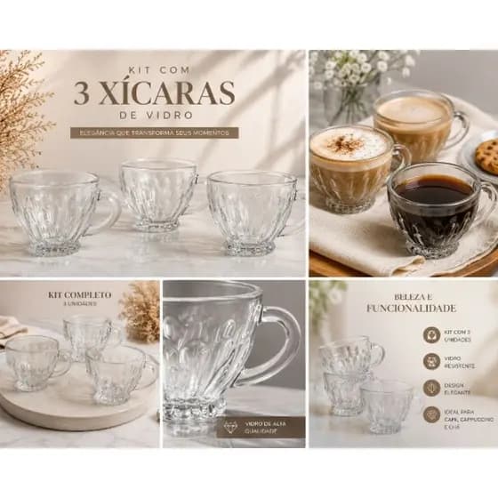 Kit 3 Xícaras de Vidro para Café Chá Cappuccino Copo de Vidro Elegante Transparente