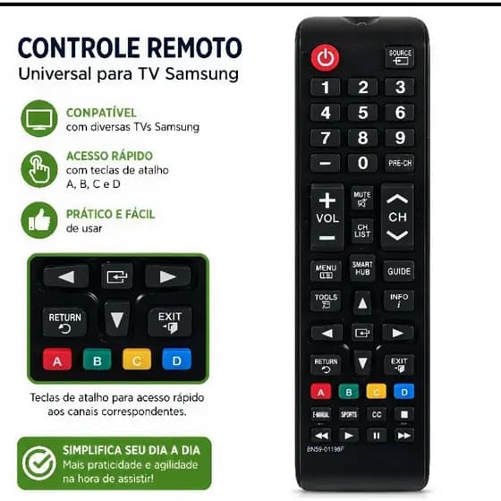 Controle Tvs Samsung Universal Smart 4K Un32 Un40 Un43 Un48 Un50 Un55 U65 - Substituto Compatível