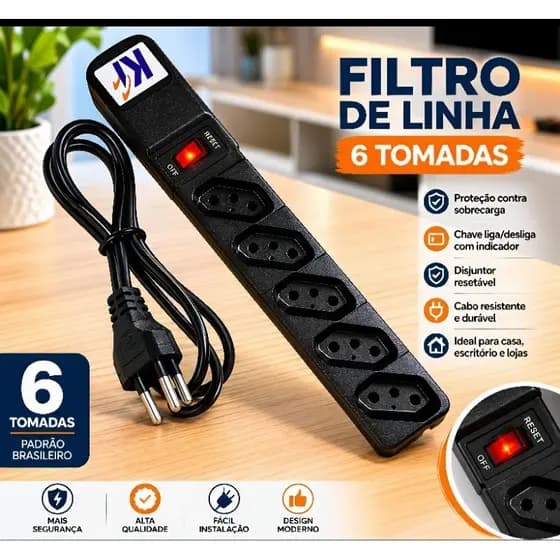 Filtro de Linha 6 5 4 3Tomadas com Disjuntor Resetável