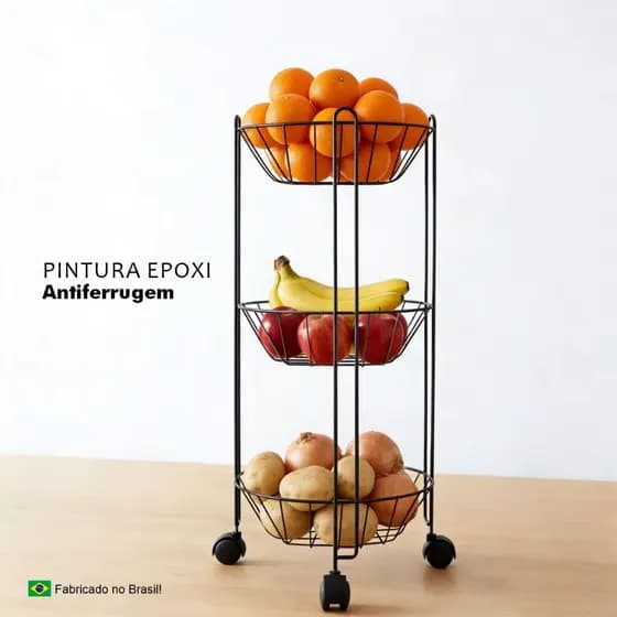 Fruteira De Chão Com 3 Cestas Organizadoras Multiuso Em Aço Resistente Moderna Espaçosa Prática Para Cozinha Frutas