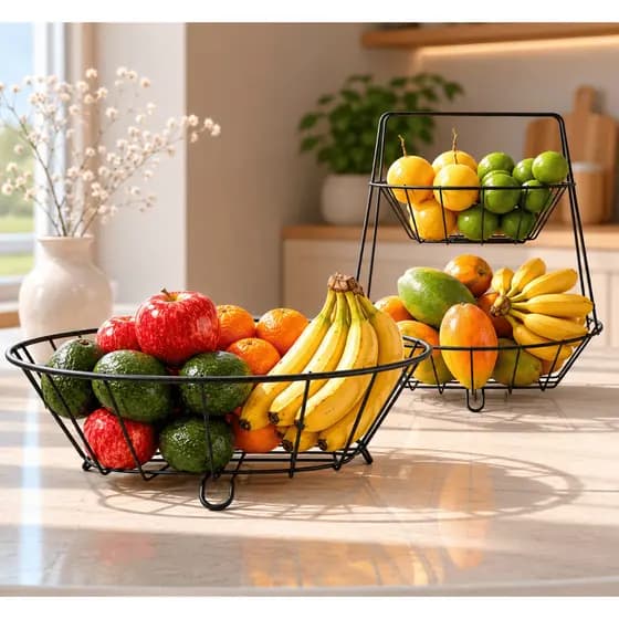 Fruteira De Mesa 2 Andares Em Ferro + Cesta Aramada Organizador Multiuso Decorativo Decoração Cozinha Resistente