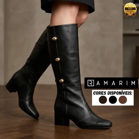 Bota de Couro Feminina Ramarim Detalhes Metálicos Salto Bloco Cano Longo Confortável Original