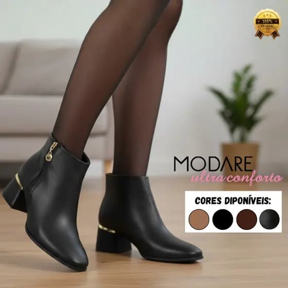 Bota Modare Feminina Ultraconforto Detalhes Zíper Lateral Metalizado Cano Baixo Moderna Original