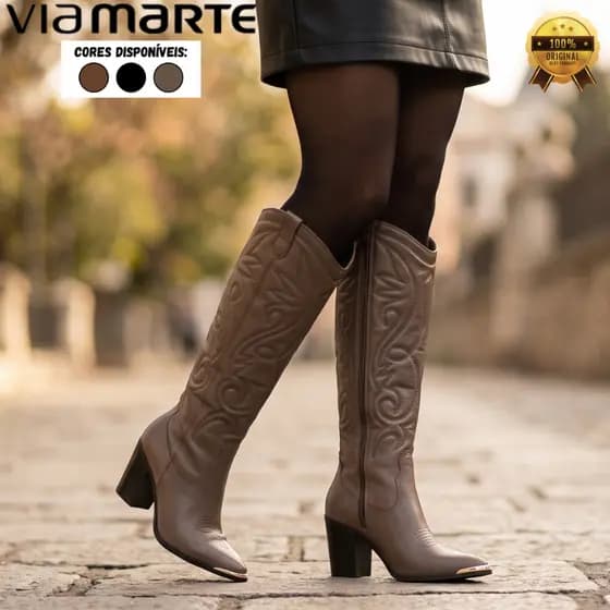 Bota Via Marte Feminina de Couro Legítimo Western Country Texana Bordada Cano Alto Salto Original