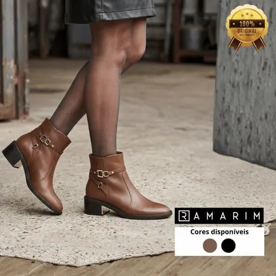 Bota Ramarim Feminina Couro Salto Médio Grosso Detalhe Ouro Confortável Cano Médio Original