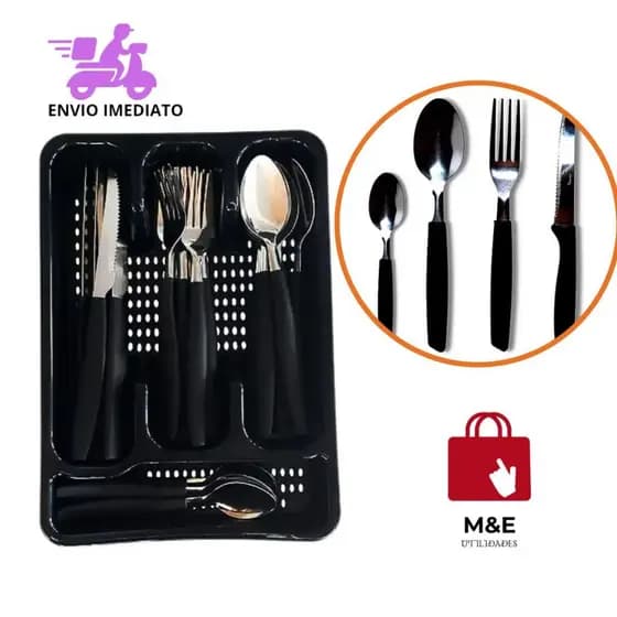 Faqueiro Inox Jogo De Talheres Porta Talher Com 25 Peças Cor Preto E Vermelho