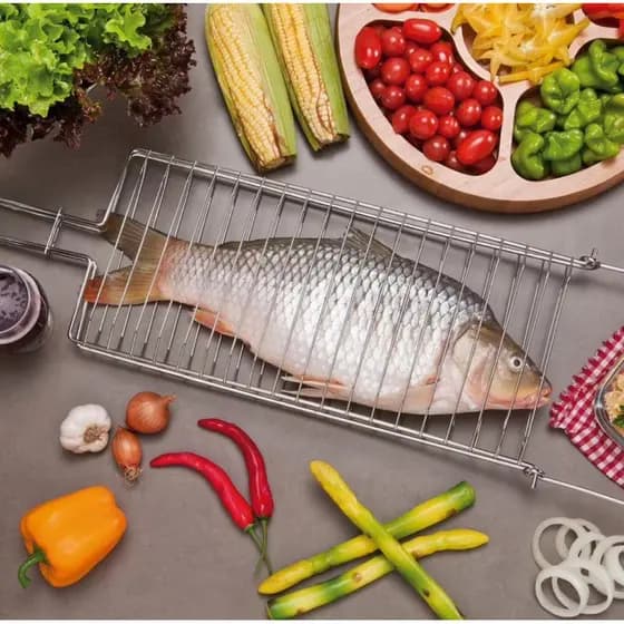Grelha Dupla Abaulada 73x19cm para Assar Peixe, frango churrasco