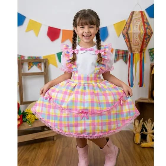 Vestido Infantil Junino Camisa e Salopete Xadrez Rosa Estampado