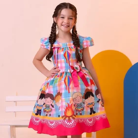 Vestido Infantil Junino Luxo Xadrez Colorido Festa São João