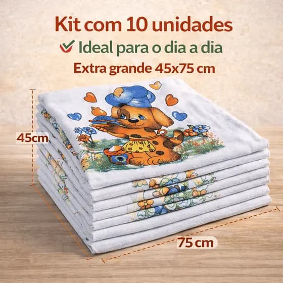 Kit 10 Unidades Pano de Prato Grande 45x75 Estampado para Cozinha