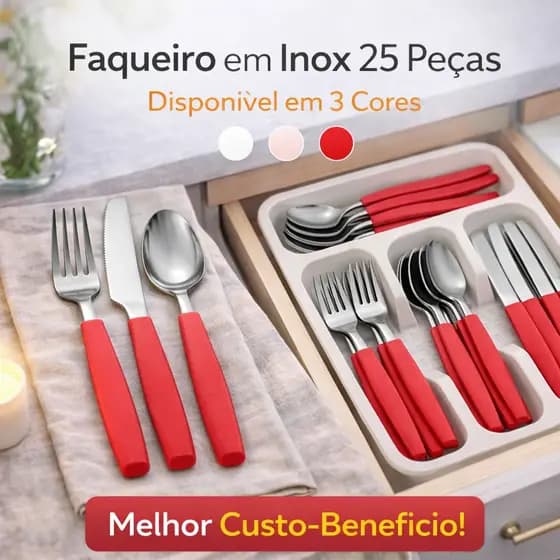 Talheres 25 Peças em Aço Inox com Organizador Cozinha Mesa Posta