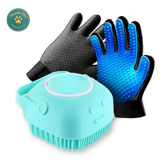 Kit Cuidados Pet Luva Tira Pelos Nano + Escova lava Pet Silicone Dispenser Cachorro Gato