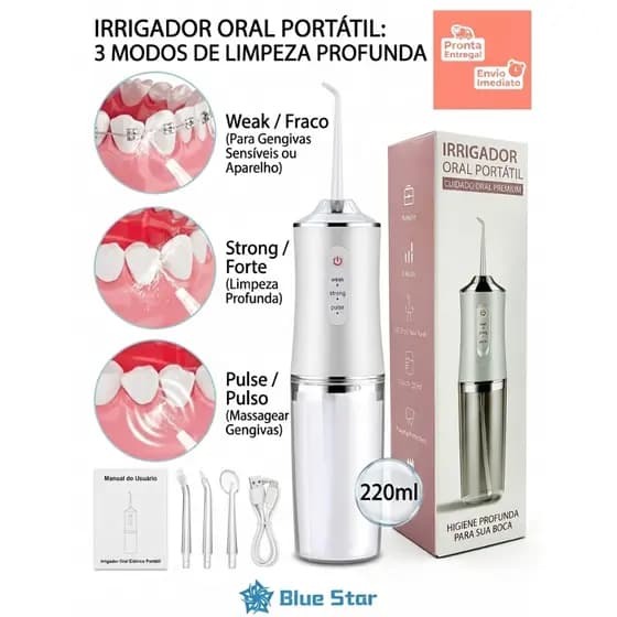 Irrigador 3 Modos Portátil Jato D`água 220ml Recarregável USB Higiene - Promoção