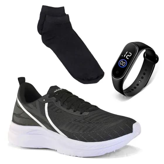 Tênis Masculino Leve Academia + Kit Relógio + Meia Academia Corrida Confortável Promoção