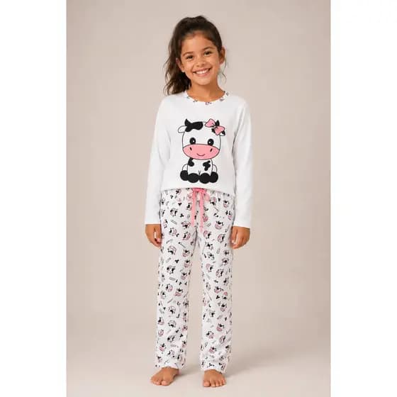 Pijama Infantil Vaquinha Inverno Confortável Manga Longa Suede Quentinho Frio Roupa de Dormir
