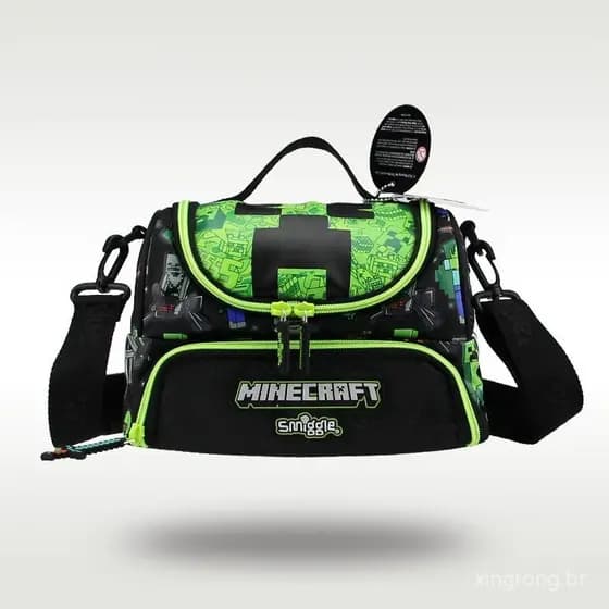 Lancheira Cool Smiggle Australia para Meninos, Preta e Verde, Minecraft, Bolsa Bento Portátil Transversal ZGA3
