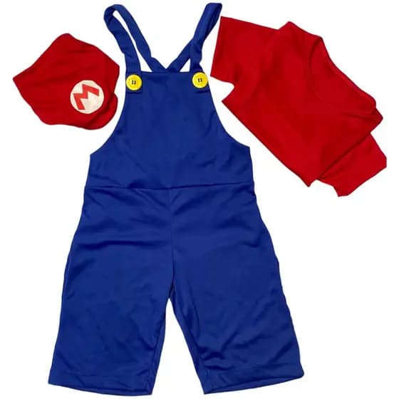 Fantasia Infantil Macacão Mario Bros com Boina Para Festa Brincar e Presente