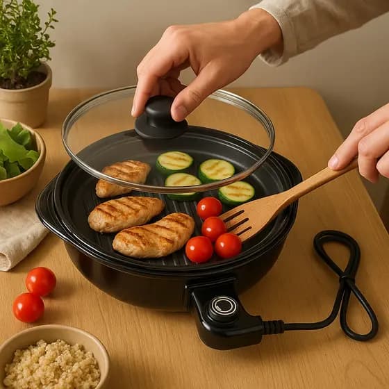 Churrasqueira Grill Elétrica Redonda de 127V Antiaderente 1200W com Termostato e Baixa Fumaça