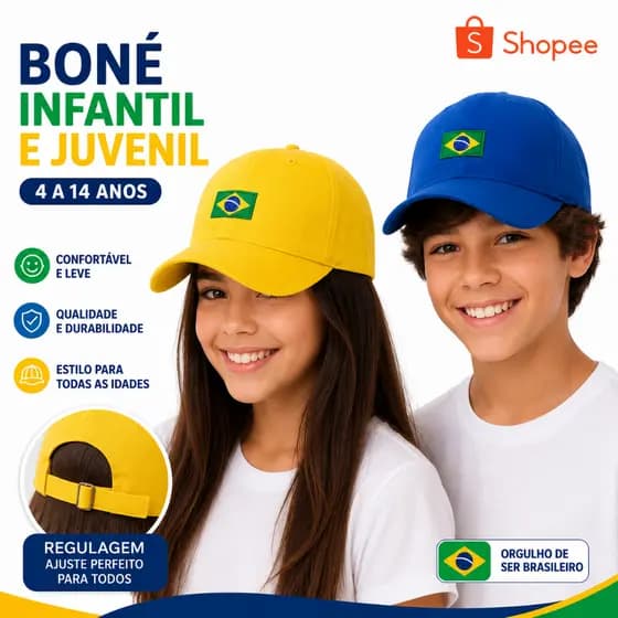 Boné Brasil Infantil Juvenil Bandeirinha de 4 a 14 Anos Aba Curva com Regulagem Fitão Bordado