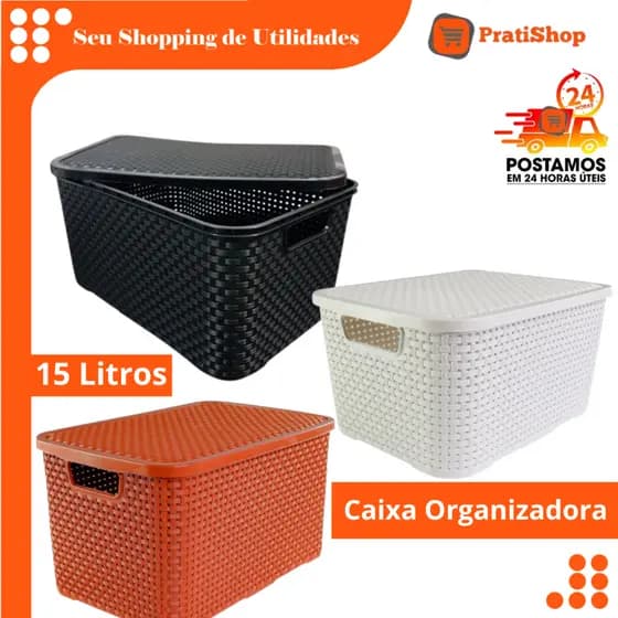 Caixa Organizadora Cesto com Tampa 15 Litros Cesto organizador preto branco terracota