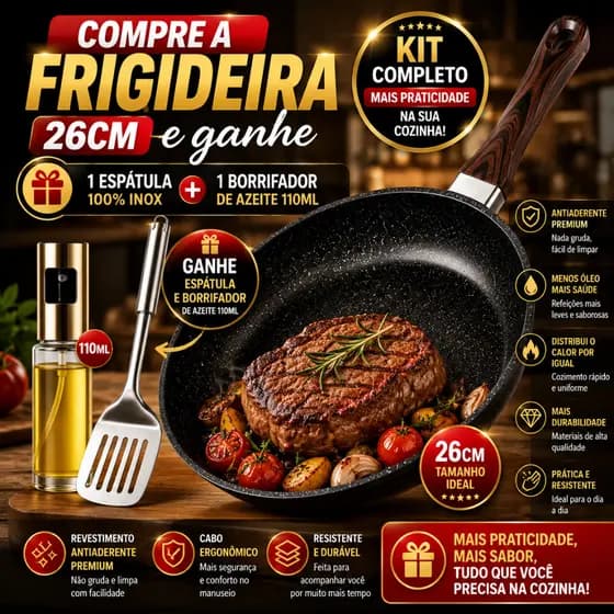 Frigideira Antiaderente 26cm Com Espátula Inox E Spray Borrifador De Azeite