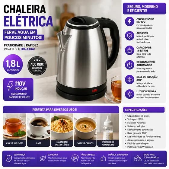 Chaleira Elétrica Aço Inox 1,8L 1500W Desligamento Automático Base 360° 110V ou 220V Aquecimento Rápido