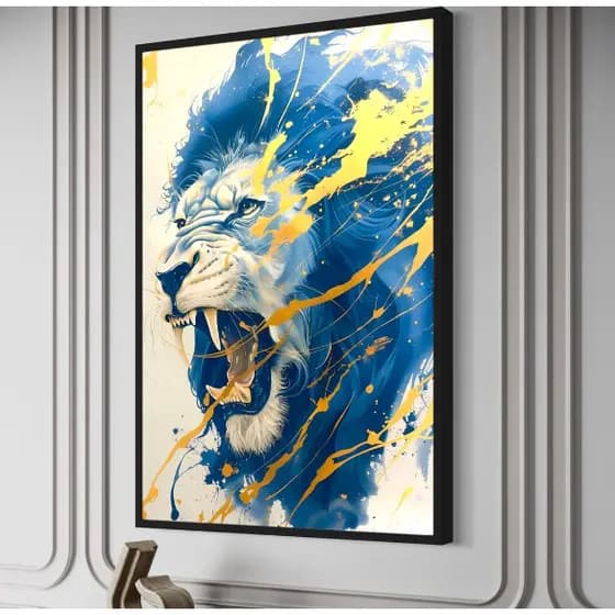 Quadro Decorativo em MDF Leão Azul e Amaralo - 60x80cm