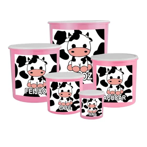 Kit Jogo 5 Potes para Mantimentos Vaquinha Escritos Decorado Mantimento Plástico Durável Resistente