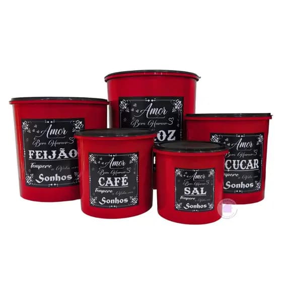Kit 5 Potes de Mantimentos Redondo Sonhos Plástico decorado Kit Cozinha