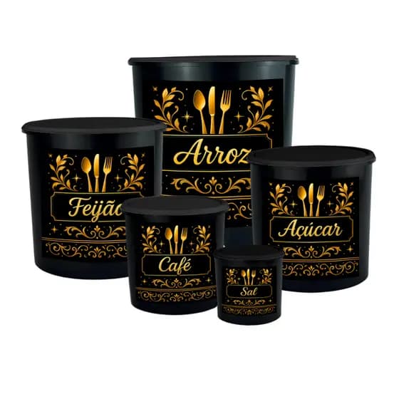 Kit Potes Para Mantimentos Redondo Dourado 5 peças Plástico Armazenamento de Alimentos