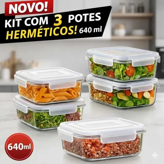 Kit 3 Potes Vidro Hermético 640 ml Marmita Anti Vazamento Forno Micro-ondas Freezer Tampa 4 Travas.