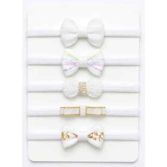 Kit 5 Faixinhas de Cabelo para Bebê Laços Brancos( RN ate 2 anos) na meia de seda Maternidade Batizado Casamento Luxo