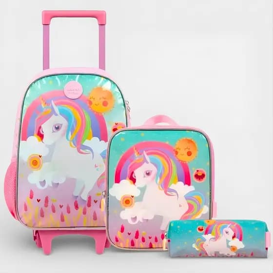 Kit Escolar Mochila c/ Rodinha Lancheira Estojo Alças Removíveis Infantil Bagaggio Unicórnio