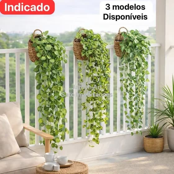 Kit Decorativo 3 Vasos Sintéticos Trançados com 9 Plantas Pendente Artificial para Parede ou Jardim Vertical pt11