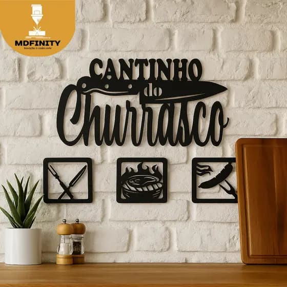 Quadro Escrita Parede Cantinho do Churrasco Mdf + 3 Quadrinhos Área Gourmet Decoração Casa