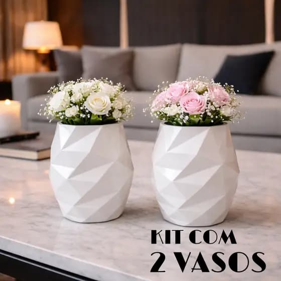 Kit 2 Vasos Decorativos Geométricos 3D Cachepot Moderno para Sala Mesa Decoração Flores e Plantas