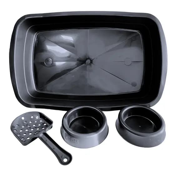 Kit Caixa de Areia para Gatos Comedouro Bebedouro Pá Bandeja Higiênica Sanitário Preto
